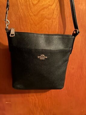 Coach Black Leather Crossbody Messenger Bag with Gold Logo